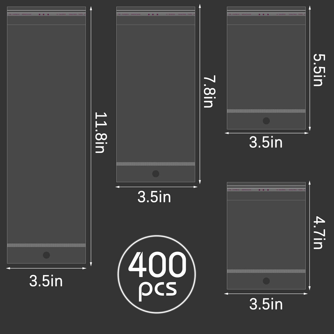 400 Pieces Self Sealing Bag with Hang Hole Resealable Storage Bag Clear Plastic Hanging Bag for Packaging Necklaces Earrings Jewelry, 3.5 x 4.7inch, 3.5 x 5.5inch, 3.5 x 7.8 inch, 3.5 x 11.8 inch